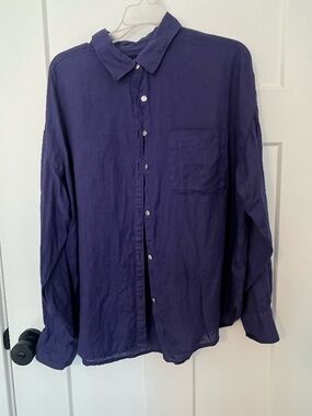 Nicole Miller Blouse Button Up 100% Linen Womens Relaxed Oversized Large Purple